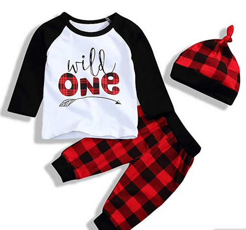 Babys 1st Birthday Outfits T-Shirt with Red Plaid Pant and Hat Costume